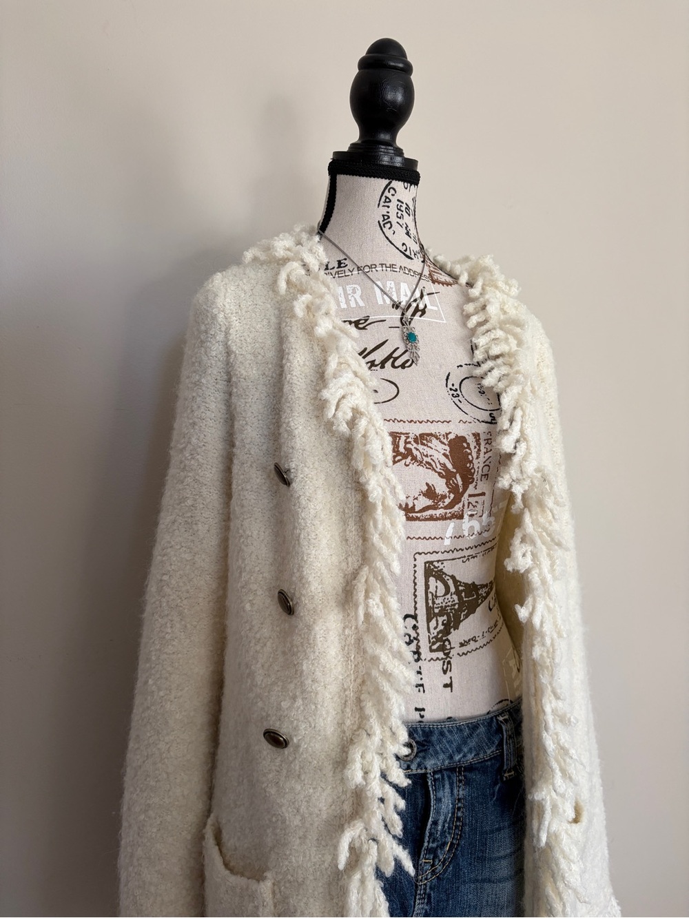 Y2K FDJ White Wool Blend Whimsy Shaggy Fringe Open Front Sweater Coatigan - Picture 6 of 13